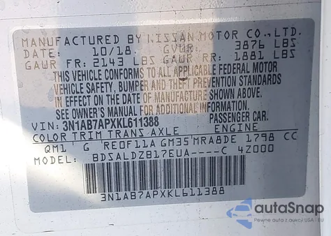 2019 Nissan Sentra Sv from USA, damaged, VIN 3N1AB7APXKL611388